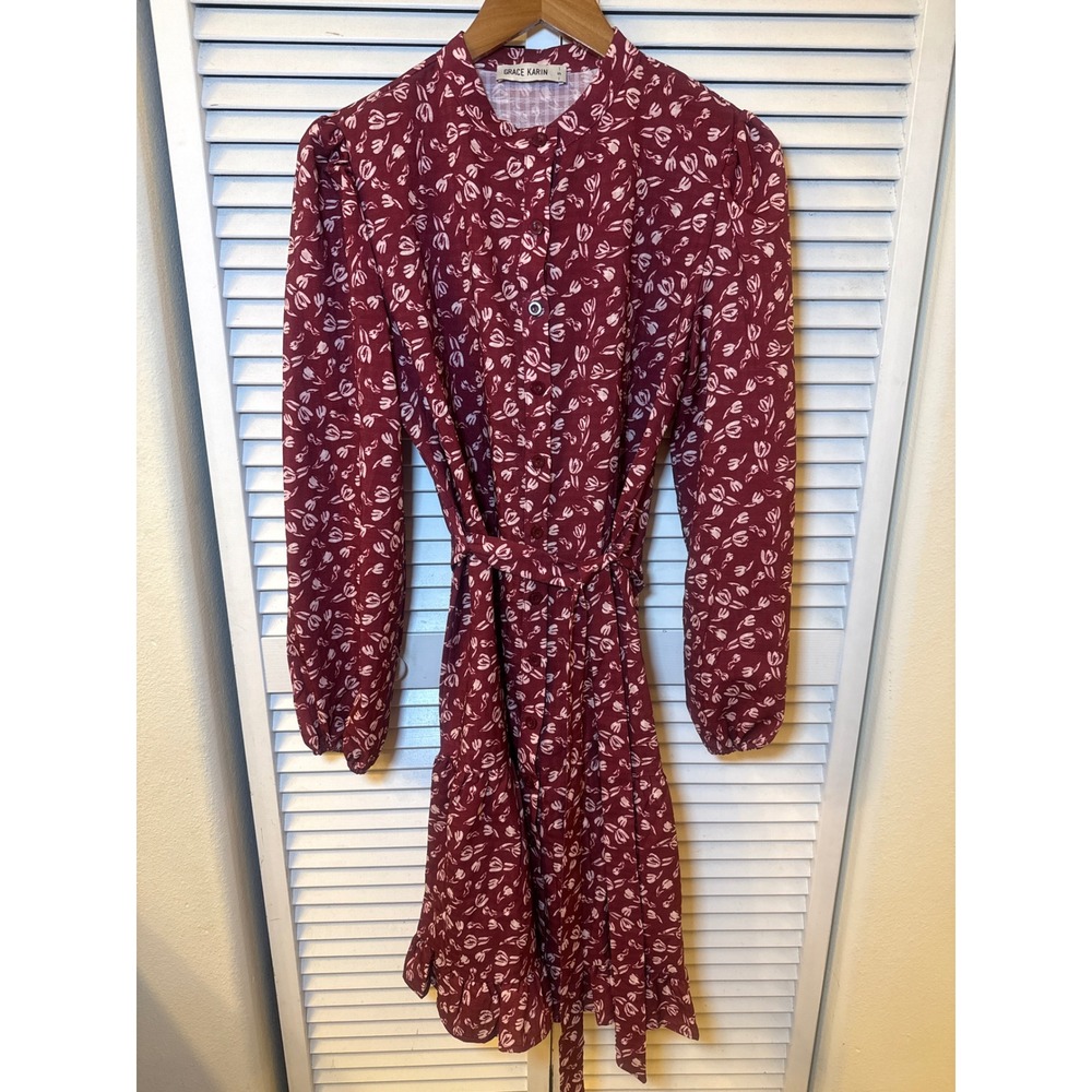 Grace Karin Burgundy Floral Button Down Dress Long Sleeve Tie Waist Ruffle Hem S
